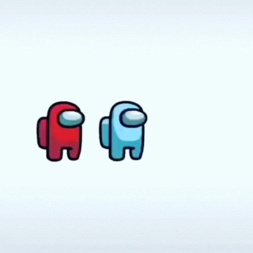 A Red And Blue Among Us Character With The Word Among Us On A White Background GIF