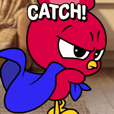 A Red And Blue Cartoon Character With The Word Catch Written On It GIF