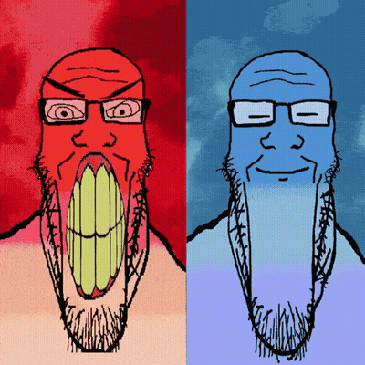 A Red And Blue Drawing Of A Man With A Beard And Glasses GIF