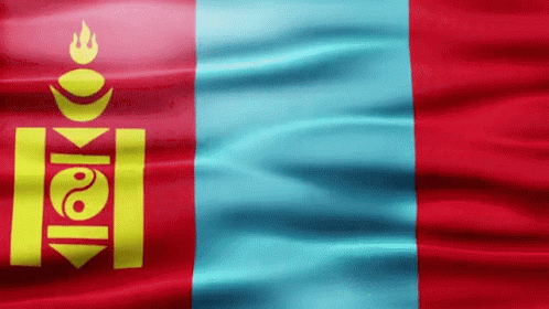 A Red And Blue Flag With A Yellow Symbol That Says ' Mongolia ' On It GIF