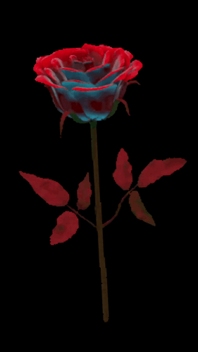 A Red And Blue Rose On A Black Background With Leaves GIF
