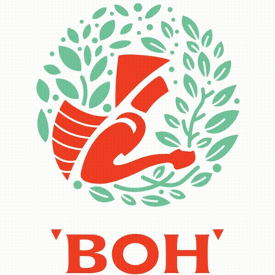 A Red And Green Logo For ' Boh ' With A Leafy Design GIF