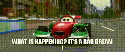 A Red And Green Race Car Is Driving Down A Street With The Words What Is Happening It 'S A Bad Dream . GIF