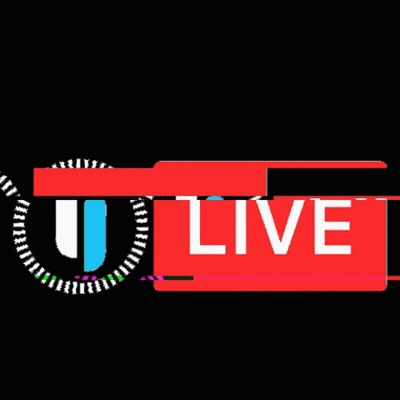 A Red And Green Sign That Says Live With A Clock In The Background GIF