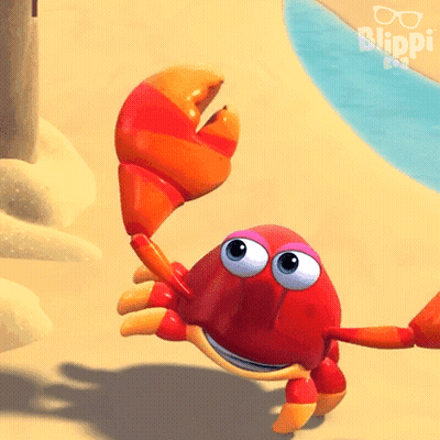 A Red And Orange Crab Is On A Beach With The Word Blippi On The Bottom GIF