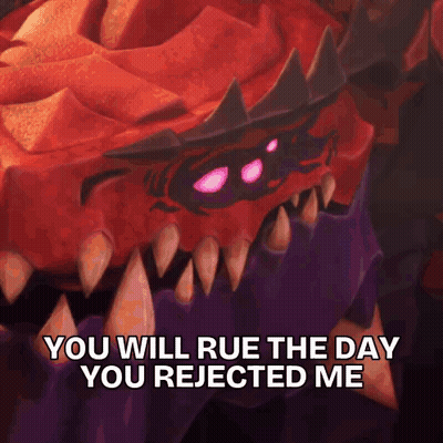 A Red And Purple Monster With The Words You Will Rue The Day You Rejected Me GIF