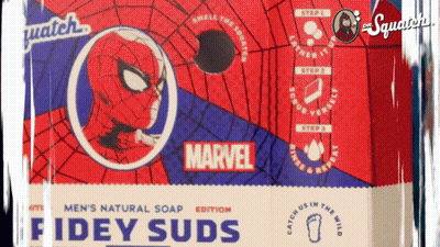 A Red And White Box With A Spider Man On It That Says ' Fidey Suds ' GIF