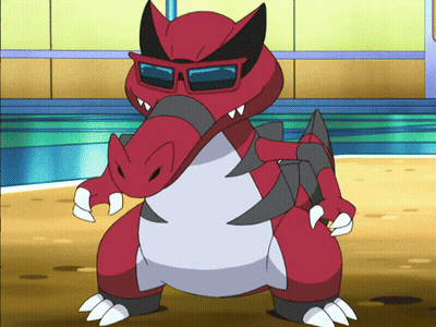 A Red And White Cartoon Character With Sunglasses On His Head GIF