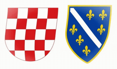 A Red And White Checkered Shield And A Blue Shield With Yellow Fleur De Lis On It GIF