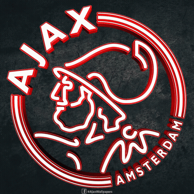 A Red And White Logo For Ajax Amsterdam With A Lion In The Center GIF