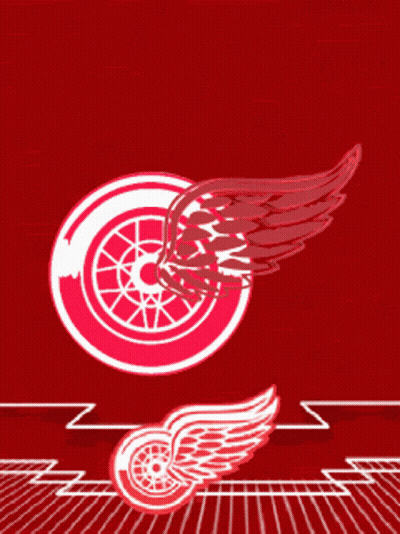 A Red And White Logo With A Wheel And Wings GIF