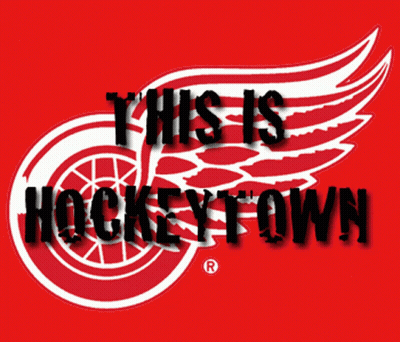 A Red And White Logo With The Words This Is Hockeytown On It GIF