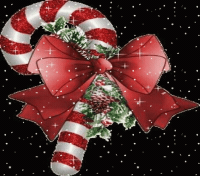 A Red And White Striped Candy Cane With A Red Bow GIF