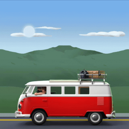 A Red And White Van With A Suitcase On Top GIF