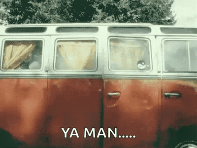 A Red And White Van With The Words Ya Man Written On The Side GIF