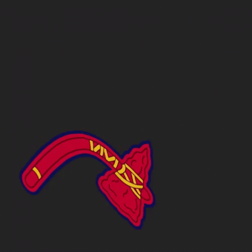 A Red And Yellow Axe With The Letters Mm On It GIF