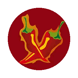 A Red And Yellow Circle With Two Red Peppers And Flames In It Sticker