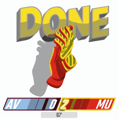 A Red And Yellow Glove With The Word Done In Yellow Behind It GIF