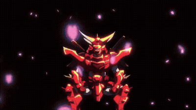 A Red And Yellow Robot With Horns And A Sword . GIF