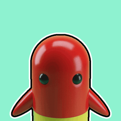 A Red And Yellow Toy With Green Eyes And A Yellow Tail GIF