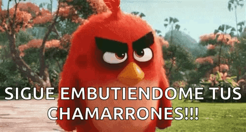 A Red Angry Bird From The Angry Birds Movie Is Standing In A Field With Trees In The Background . GIF