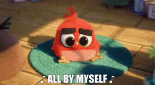 A Red Angry Bird Is Sitting On A Blue Mat With The Words All By Myself Written Below It GIF