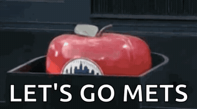 A Red Apple Is Sitting In A Trash Can With The Words `` Let 'S Go Mets '' Written Above It . GIF