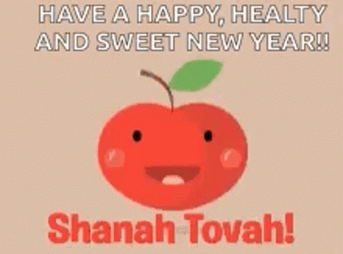 A Red Apple With A Face On It And The Words `` Have A Happy Healthy And Sweet New Year ! '' GIF