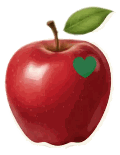 A Red Apple With A Green Heart And Leaf GIF