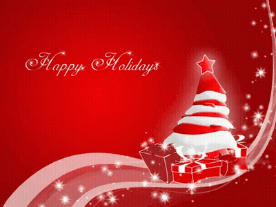 A Red Background With A Christmas Tree And Gifts And The Words Happy Holidays GIF