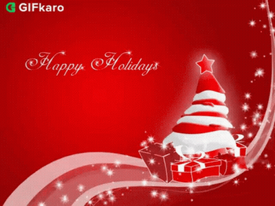 A Red Background With A Christmas Tree And The Words " Happy Holidays " GIF