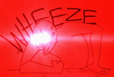 A Red Background With A Drawing Of A Person And The Word ' Wheeze ' On It GIF