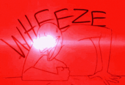 A Red Background With A Drawing Of A Person And The Word Wheeze Written On It GIF