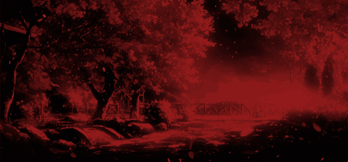 A Red Background With A Few Trees And A House In The Background GIF