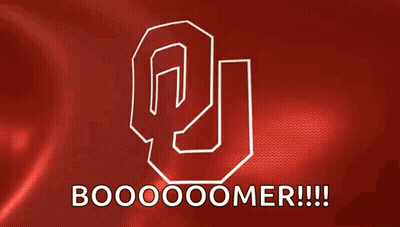 A Red Background With An Oklahoma Logo And The Words Booooomer GIF