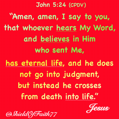 A Red Background With The Bible Verse John 5:24 On It GIF