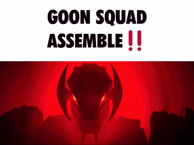 A Red Background With The Words Goon Squad Assemble GIF