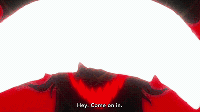 A Red Background With The Words Hey Come On In Below It GIF