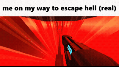 A Red Background With The Words Me On My Way To Escape Hell GIF