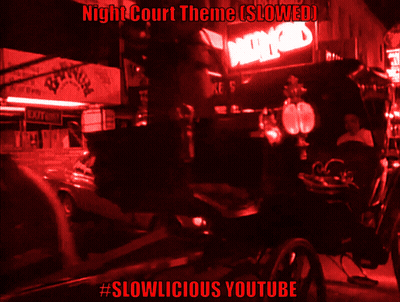 A Red Background With The Words Night Court Theme Is Slowed GIF