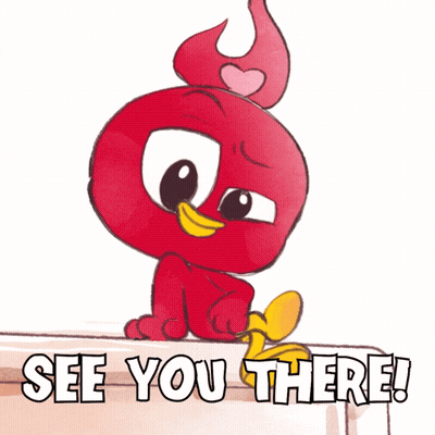 A Red Bird With A Heart On Its Head Sits On A Table With The Words See You There Below It GIF