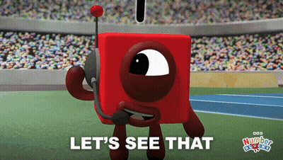 A Red Block With A Microphone And The Words Let 'S See That On The Bottom GIF
