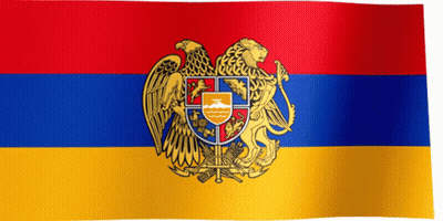 A Red Blue And Yellow Flag With A Coat Of Arms GIF