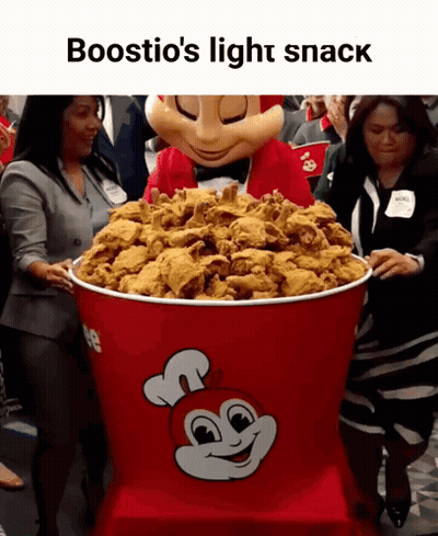 A Red Bucket Filled With Fried Chicken With The Words Boostio 'S Light Snack On The Bottom GIF