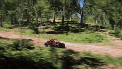 A Red Buggy Is Driving Down A Dirt Road Through The Woods GIF