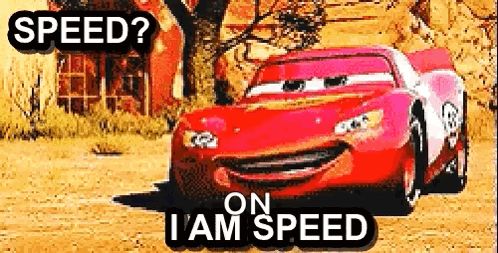 A Red Car From The Movie Cars Is Driving Down A Dirt Road And Says `` Speed ? On I Am Speed '' . GIF