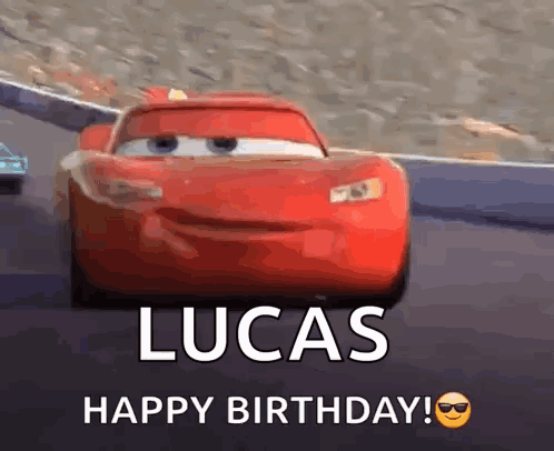 A Red Car From The Movie Cars Is Driving Down A Race Track And Says Happy Birthday Lucas . GIF