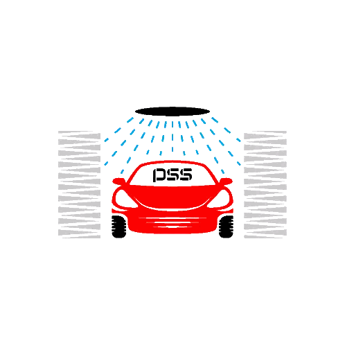 A Red Car Is Being Washed In A Car Wash With The Letters Pss On The Windshield Sticker