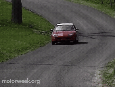 A Red Car Is Driving Down A Road With Motorweek.org Written On The Bottom Right GIF