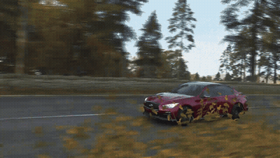 A Red Car Is Driving Down A Road With Trees Behind It GIF
